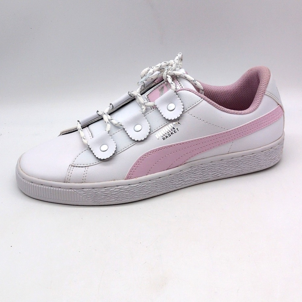 Puma Shoes Womens White Pink 7 Leather Running Sneakers Basket Loop 36684103 NEW